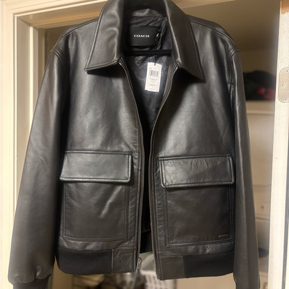 Coach Dark Leather Bomber Jacket for Men